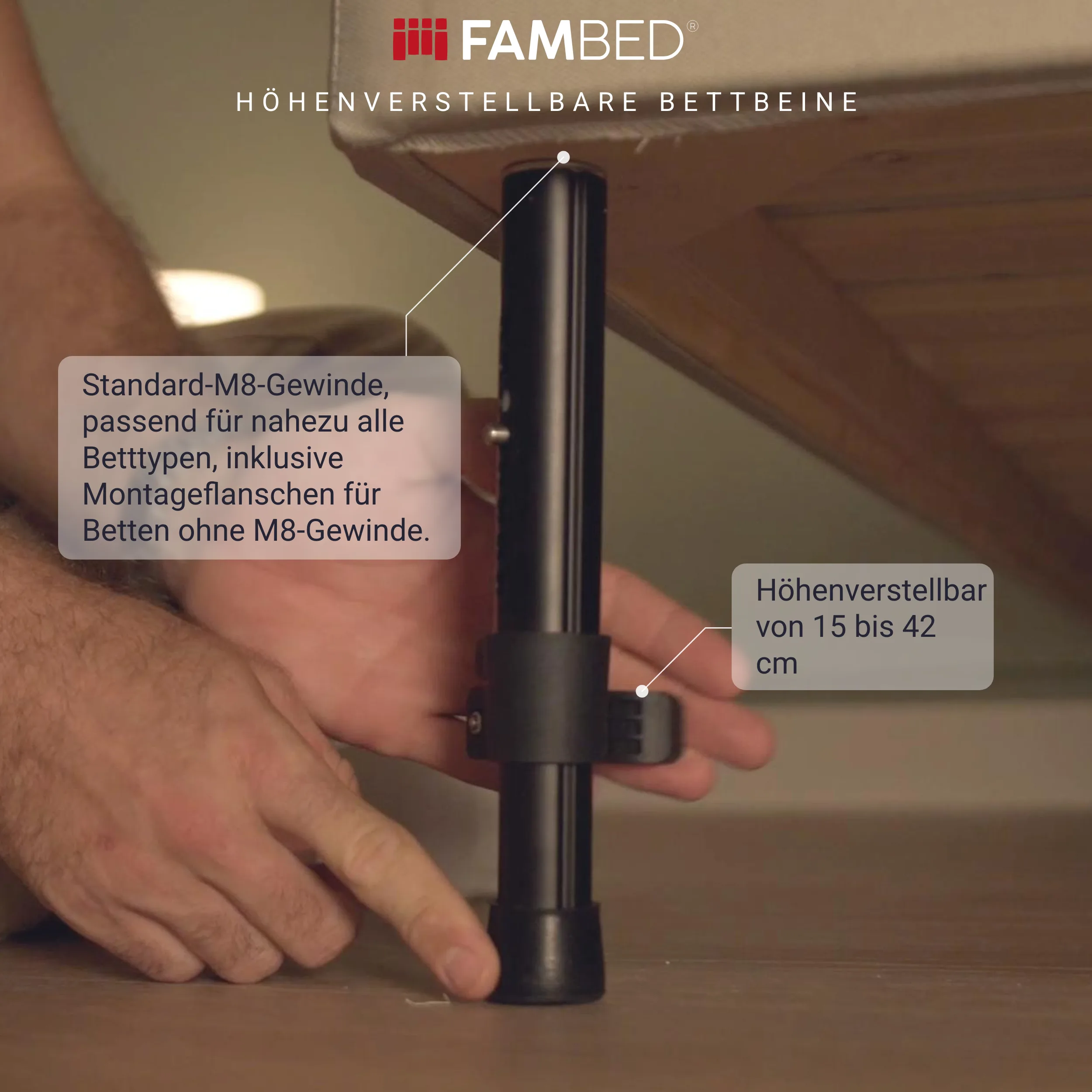 Infografik: Montage eines schwarzen höhenverstellbaren Bettbeins unter dem Bett, mit Angaben zum M8-Gewinde und zur Höhe von 15 bis 42 cm