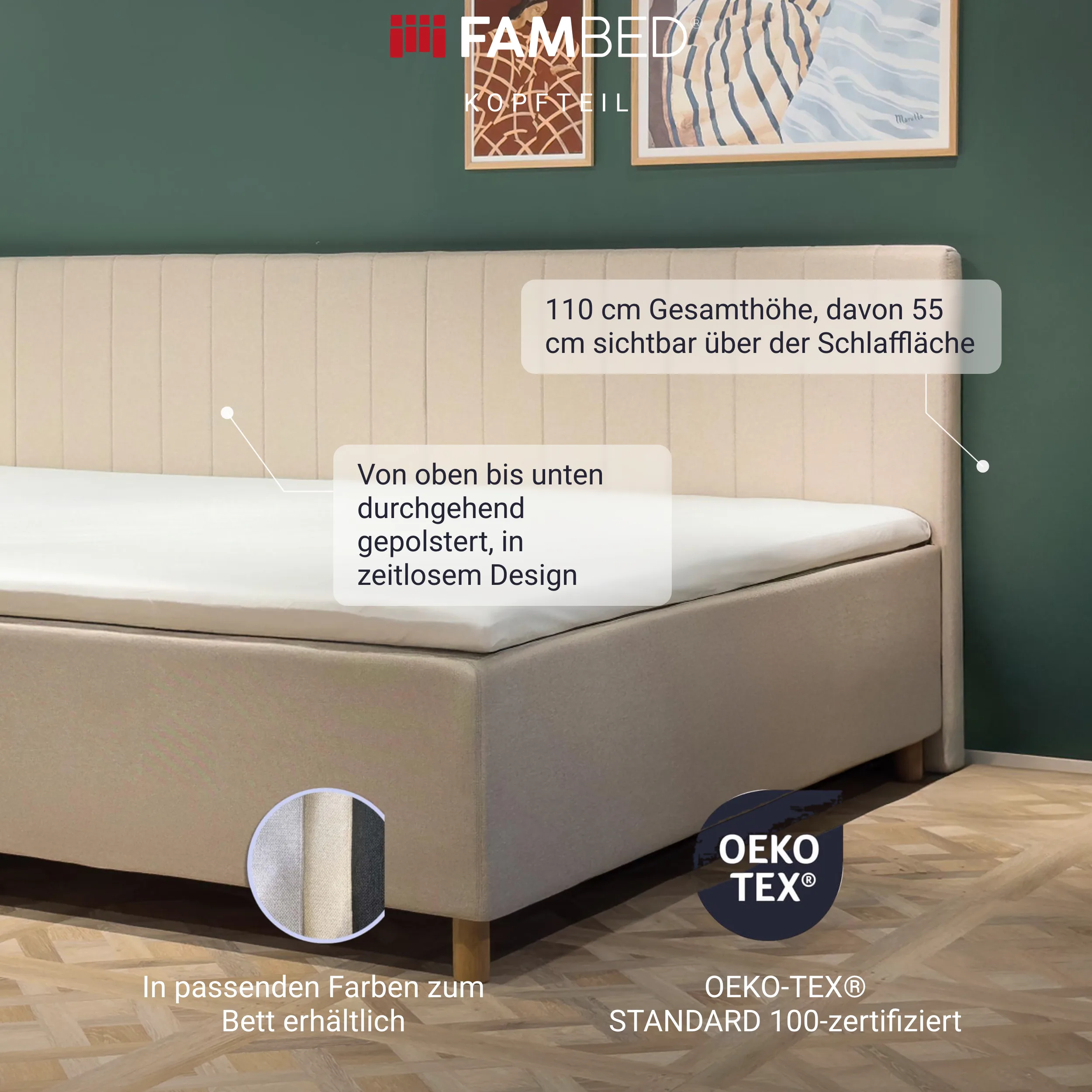 Infografik: beiges FAMBED Kopfteil hinter dem Bett mit Angaben zur Vollpolsterung, 110 cm Höhe und passenden Farben