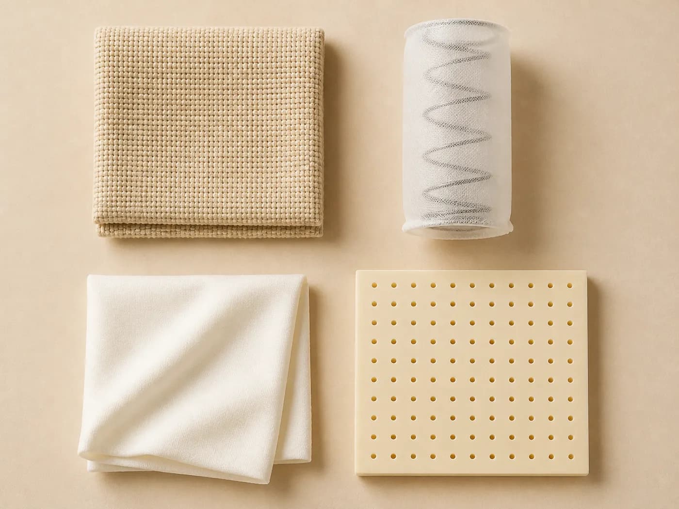 Vier Materialproben auf einer hellen Fläche: beigefarbener gewebter Bezugsstoff, eine einzelne Taschenfeder in ihrer Stofftasche, ein zusammengelegtes weiches weißes Textil und eine perforierte Naturlatexplatte.