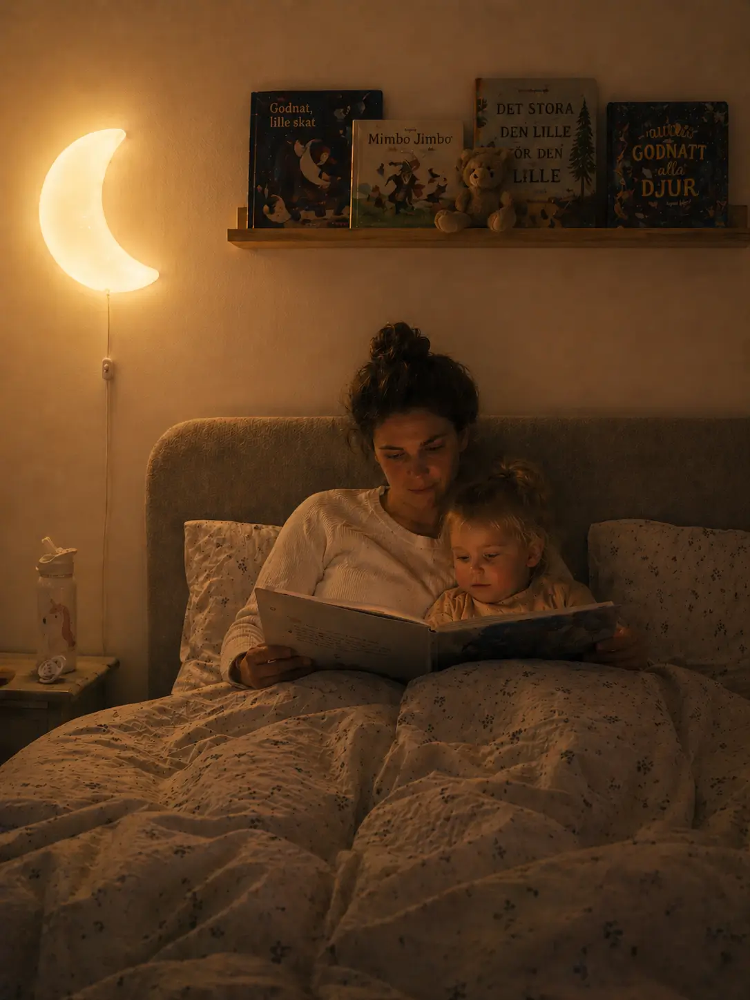 Mutter und Kind lesen im Bett unter einer leuchtenden Mondlampe eine Gute-Nacht-Geschichte
